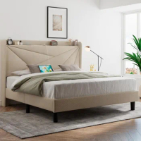 King-size bed frame with C-shaped and USB ports, padded platform bed frame with wingback storage headboard