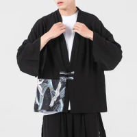 Men Kimono Cardigan And Pants Suit Patchwork Printed Crane Yukata Plus Size Harajuku Kimono Jackets Japanese Samurai Clothing