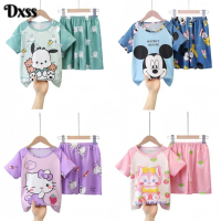 Children's pajamas, summer cotton, short sleeve, home clothes, cute cartoon design, suitable for air