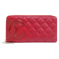 【二手名牌BRAND OFF】CHANEL 香奈兒 紅色 菱格紋 皮革 Cambon 拉鍊 長夾 無卡