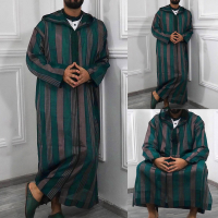 Baru Lapel Muslim lelaki lengan panjang Thobe timur tengah Arab Saudi Kaftan islam Abaya pakaian Dubai jubah dengan corak berjalur