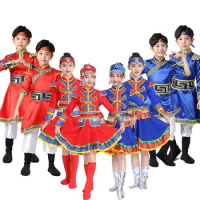 Chinese Style National Minority Mongolian Costume Kids Girls Boys Traditional Folk Dance Dress New Y