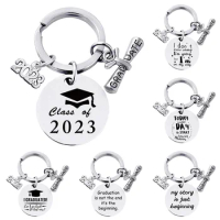 Graduation Graduate Key Chains Engraved Inspirational Stainless Steel Keychain Keyring Senior Round College Cap School Jewelry