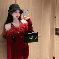Red Hanging Neck One Shoulder Sexy Dress for Women Autumn and Winter Flash Diamond Spliced Fleece Slim Wrapped Hip Short Dress