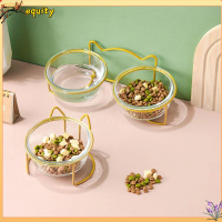 [ส่งฟรี] Equity Double-Layer Glass Bowl Gold-Plated Glass Pet Food Bowl with Steel Frame Elevated Wa