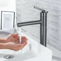 全銅拉絲灰色抽拉式洗臉盆面盆伸縮冷熱衛生間洗手池水龍頭