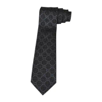 【GUCCI】經典 LOGO菱格黑底領帶(深紫字)