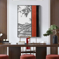 新中式客廳背景墻裝飾畫古風古建筑豎版壁畫墻中國風書房茶室掛畫