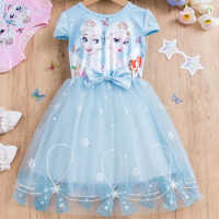 Frozen Elsa Princess Dress For Girls 2024 Summer Kids Bow Mesh Short Sleeved Birthday Party Costume Children Clothing Vestidos