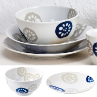 【野思】藍色系1碗1小盤優惠組 釉下彩藕片日式輕量陶瓷碗盤組(日本進口 美濃燒)