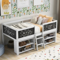 Twin Size Low Loft Bed with Two Movable Shelves and Ladder,with Decorative Guardrail Chalkboard, White