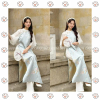 Vận chuyển từ Hà Nội Áo Dài Thanh Điệp chất gấm tafta hồ điệp tay bồng đính nơ vai Gum Official, Set