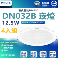 【Philips 飛利浦】4入組 DN032b 12.5W崁燈 嵌入孔14cm(白光/中性光/黃光)