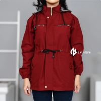 Jaket Parka Wanita Korean Style Merah Marun Polos Musim dingin Slim-fitting Santai Canvas Casual Kan