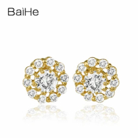 BAIHE Solid 18K Yellow Gold 0.10CT H/SI Natural Diamond Flower Stud Earrings Women Men Wedding Fine Jewelry 플라워 스터드 귀걸이 aretes