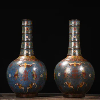 14"Tibetan Temple Collection Old Purple Bronze Cloisonne Enamel five Blessings bat longevity pot Belly Vase A pair Ornaments