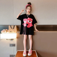 Pakaian anak-anak perempuan warna hitam gaun kaos lengan pendek versi