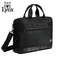 【Lynx】美國山貓輕量防潑水斜紋尼龍布包 多隔層機能 電腦公事包/側背包/手提(黑色)