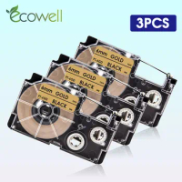 Ecowell 3PK XR-6GD 6mm*8m tapes Compatible Casio XR 6GD XR6GD Black on Gold labels for Casio KL-120 KL-HD1 KL-60SR Label Maker