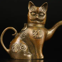 Koleksi barang ukir kuningan murni Cina hewan indah berkat kucing membangun uang teko kecil yang indah