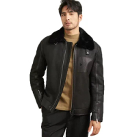 Denny&amp;Dora Men's Shearling Jacket Natural Shearling Leather Coat Black Winter Thick Warm Flight Jacket