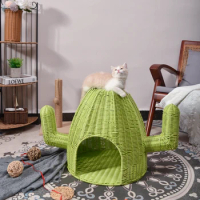 Novelty Plastic Rattan Resin Wicker Hand-Woven Dog Furniture Cactus Shape Pet Basket House Cat Bed