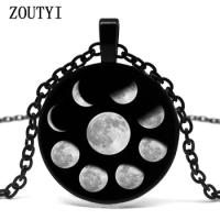 2018/ New shelves Wiccan pendant necklace Moon cycle moon phase moon nebula pagan necklace glass cabochon jewelry.