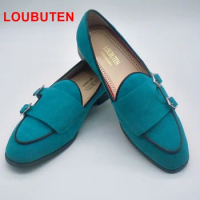 LOUBUTEN Monk Strap Loafers Shoes For Men Luxury Sky Blue Suede Shoes Leather Casual Shoes Mens Summer Party Wedding Shoes
