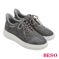 【A.S.O 阿瘦集團】BESO 真皮拼接飛織布燙鑽塑管直套休閒鞋(灰)