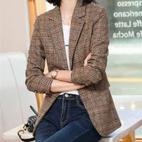 Yitimuceng Elegant Plaid Blazer for Women Korean Fashion Long Sleeve Single Button Jacket Office Ladies Coats Autumn Winter 2023