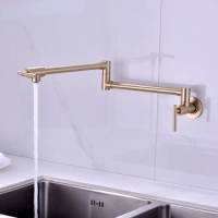 Pot Filler Tap Wall Mounted Foldable Kitchen Faucet Single Cold Single Hole Sink Taps Rotate Folding Spout Brushed Gold SUS304