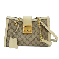 【二手名牌BRAND OFF】GUCCI 古馳 烏木色 Supreme 帆布 白色牛皮 Padlock 肩背包 498156
