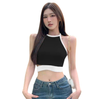 Women's Lace Up Backless Hanky Hem Sleeveless Knit Crop Halter Top Camisole