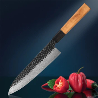 Hand Forged Damascus Steel Chef Knife, Cooking Tool, Solid Olive Wood Handle, Slicing Meat Cleaver, 9Cr18Mov, 8"