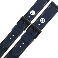 Watchband / 20.22 mm / 各品牌通用 經典復刻 黑鋼扣 外層真皮 內層橡膠錶帶-深藍色