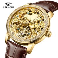 AILANG Luxury Gold Dial Design Men Automatic Mechanical Watch Tourbillon Fashion Diamond Case Luminous Waterproof Clock Reloj