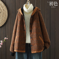 【初色】復古印花連帽排釦長袖寬鬆保暖夾克夾棉外套-共2色-32444(L-2XL可選)