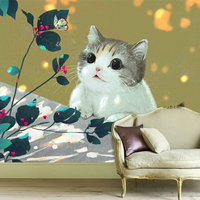 手繪可愛貓咪壁紙寵物店咖啡廳墻布奶茶店壁布臥室墻紙兒童房壁畫