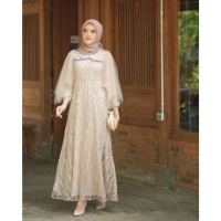 Kenanga Fashion Luna Maxi Dress Baju Gamis Muslim Wanita Modern brokat kain Mewah Motif Mutiara Panj