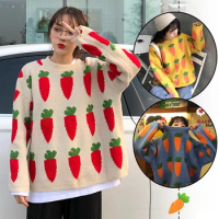 Women Winter Warm Thick Sweaters Fashion O Neck Long Sleeve Pullover Female High Street Cartoon Carrot Knitted Sweater