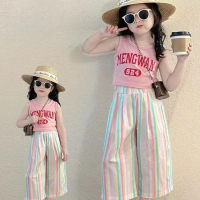Girls' Fashionable Vest Set Summer 2025 New Trendy Stylish Children's Summer Outfit Rainbow Striped 