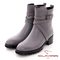 【CUMAR】皮帶拼接低跟短靴-深灰