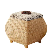 Rattan Woven Storage Stool with Cover, Hallway Bench Pouf, Wooden Chair, Shoe Changing Stool, Kitchen Stools, Storage Box