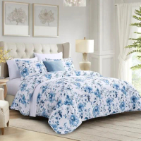 Queen Size Down Alternative Comforter Sets for All Seasons, Full Size Quilt, Garden Floral Farmhouse,2 Pillow Shams,Blue &amp; White