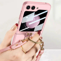Shockproof Plastic Hard Case for Samsung Galaxy Z Flip 5 5G Flip5 Case Crossbody Lanyard Strap Ring Holder Back Protective Cover