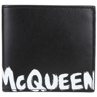 Alexander McQueen 塗鴉簽名小牛皮8卡對折短夾(黑色)