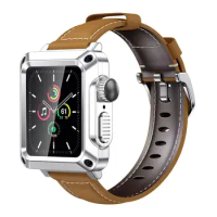 Leather Strap+Watch Case For Apple Watch Series 6 5 4 SE 44mm 40mm 2 in 1 Drop-proof Glass Metal Case For iWatch 3 2 42mm 38mm