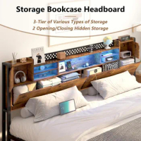 King Size Bed Frame and Storage Headboard, LED Bed Frame with USB Charging Station, Metal Platform Bed Frame King with Hidden