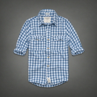 美國百分百【Abercrombie &amp; Fitch】襯衫 AF 休閒 長袖 麋鹿 藍 格紋 雙口袋 男衣 M號 C440
