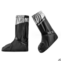JC Collection 男女鬆緊束口嚴密防水高筒加厚防滑騎士按釦鬆緊帶雨鞋套(黑銀色、黑色)